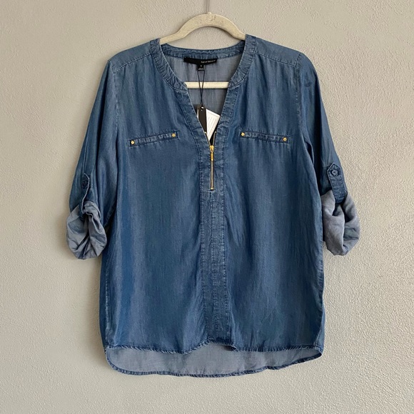 Harve Benard Denim Top Womens Size Small Blue 100% Tencel Roll Tab Sleeves - Picture 2 of 10